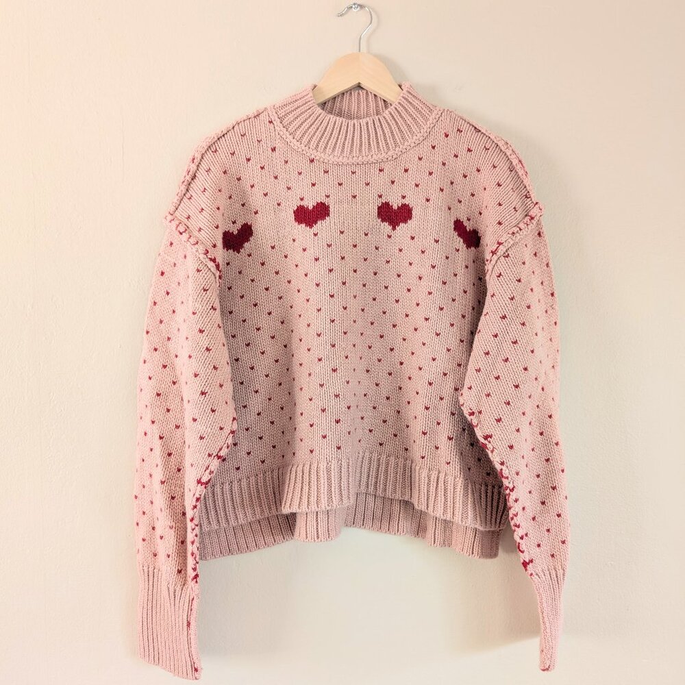 Women’s Pink Heart Knit Crewneck Sweater